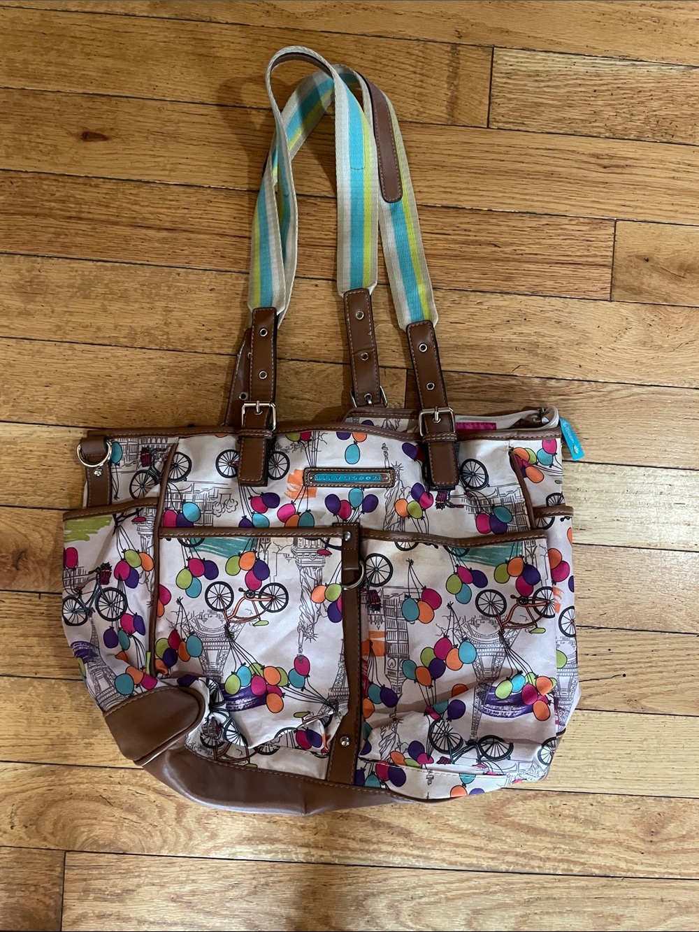 Lily Bloom Multicolor Balloon & Bicycle Print Tote with Striped Straps